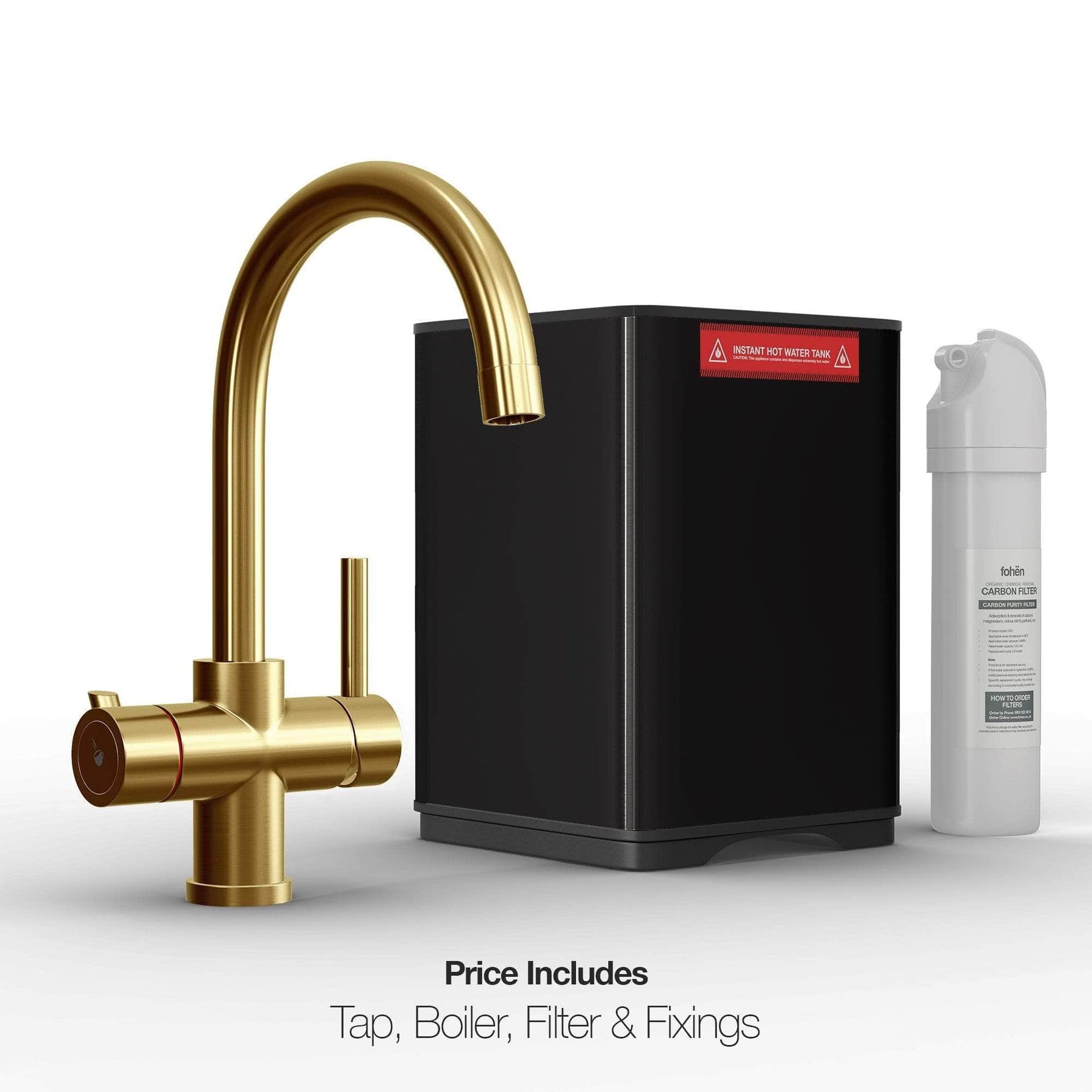 Fohen Furnas | Brushed Gold | 3-in-1 Instant Boiling Water Tap with Swan Neck | Taps | Celtic Water Solutions